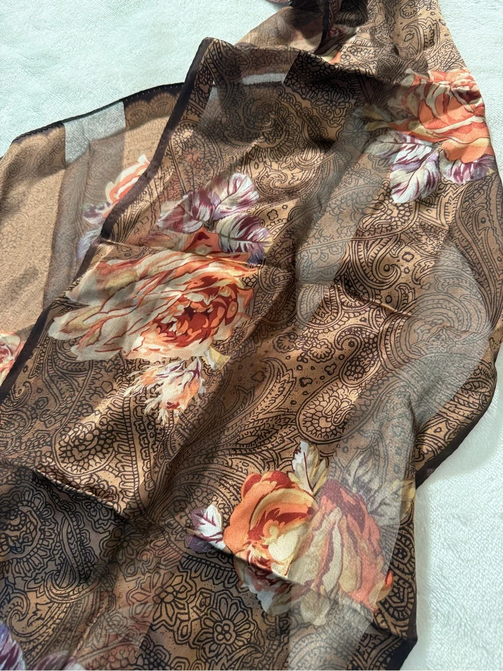 Lauren Ralph Lauren 100% Silk Scarf Brown Floral Paisley Print Vintage Style